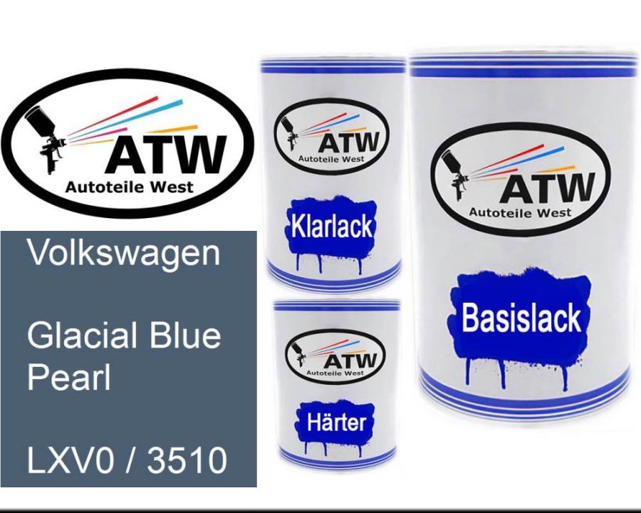 Volkswagen, Glacial Blue Pearl, LXV0 / 3510: 500ml Lackdose + 500ml Klarlack + 250ml Härter - Set, von ATW Autoteile West.